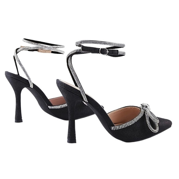 Black Wrap Slingback Rhinestone Embellished Bow Heeled Ankle Strap 3 7/8… - Picture 5 of 9